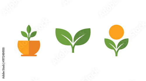 Growth Icons: Sprout, Leaf, Sun and Plant in Pot - Vector Illustration