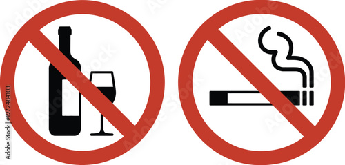 Prohibition, no alcohol and no smoking signs, health safety rules, restricted behavior symbol, warning icon, clean flat vector illustration.