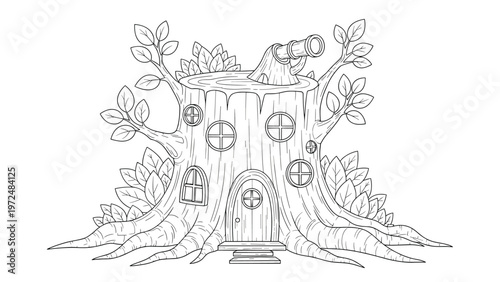 Intricate line art illustration of a charming tree stump house with whimsical details, a telescope, and lush leaves, designed as a creative coloring page activity.