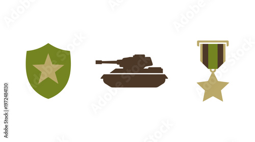 Military Icons: Shield, Tank, and Medal on White Background, Vector Art