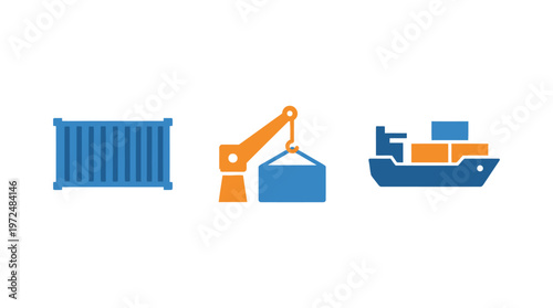 Shipping Container, Crane, and Cargo Ship Icons: Logistics and Import/Export Concept
