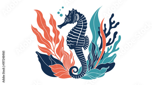 Vibrant illustration of a majestic seahorse gracefully swimming amidst an array of colorful sea plants and coral, on a clean white background.