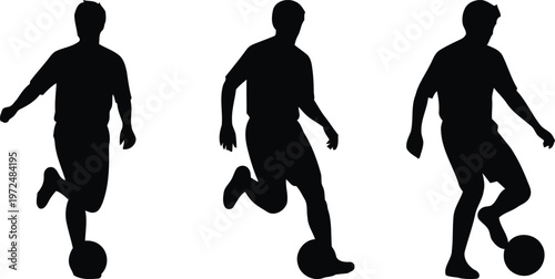 Three silhouettes of soccer players in different kicking and dribbling poses Vector