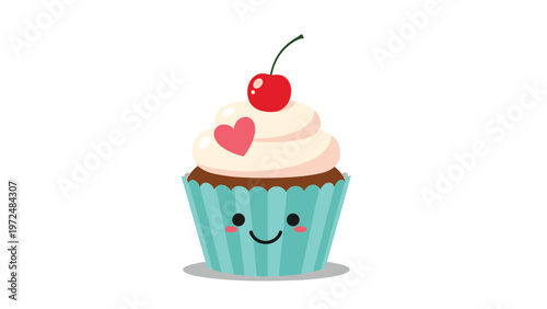 Adorable cartoon illustration of a delightful cupcake featuring a red cherry, a pink heart, and a smiling face on its blue striped wrapper.