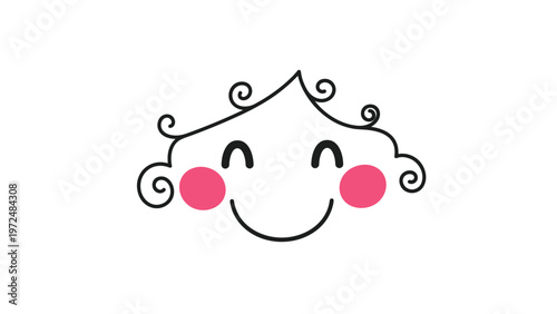Adorable and simplistic cartoon face with charming curly hair, rosy pink cheeks, and a joyful smiling expression, on a white background.