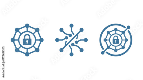 Digital Security Icons: Network Lock, Data Connection, and Secure System