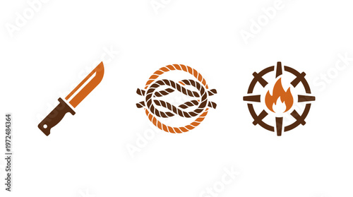 Survival Icons: Knife, Rope Knot, Compass with Flame - Outdoor Adventure Symbols