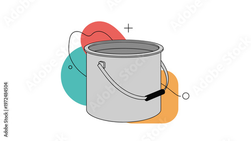 Modern line art illustration of a sturdy metal bucket with a handle, set against a dynamic abstract background of colorful shapes.
