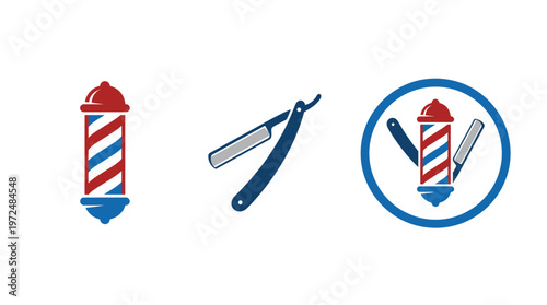 Barber Pole, Straight Razor, and Emblem Icons - Vintage Hairdresser Tools