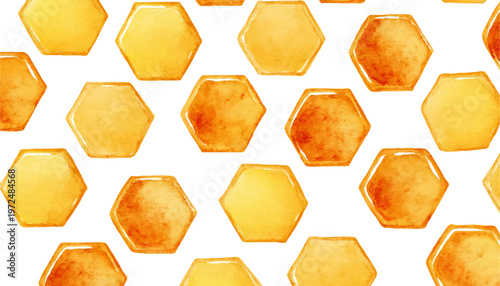 Watercolor honeycomb set with golden honey textures and delicate honeybee illustrations, perfect for spring designs, cards, or children's art projects with sweet patterns.