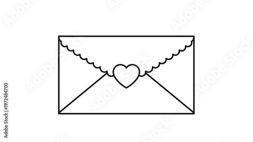 Simple black and white line art illustration of an elegant envelope featuring a delicate heart on its sealing flap.