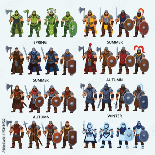 Collection of fantasy warrior character designs themed by four seasons spring summer autumn and winter.