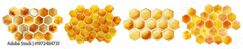 Watercolor honey set with honeycomb tiles and bees. Golden yellow hexagonal patterns, isolated elements perfect for children's designs, spring cards, and rustic farm illustrations.