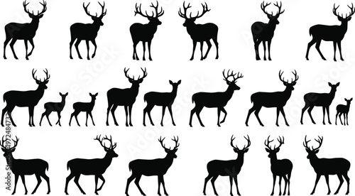 Collection of deer silhouettes featuring male antlered stags, female does, and fawns in standing, walking, and varied poses for wildlife illustration
