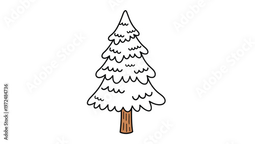 Charming cartoon illustration of a snow-covered pine tree with a sturdy brown trunk, depicting a picturesque winter scene.