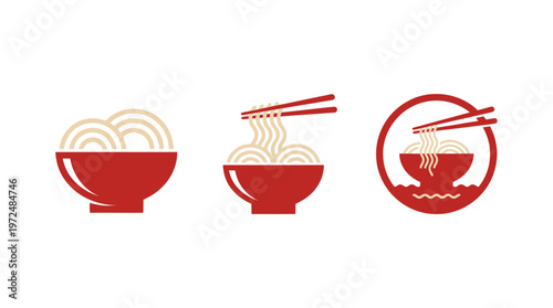 Noodle Bowl Icons: Simple Flat Design in Red and Beige