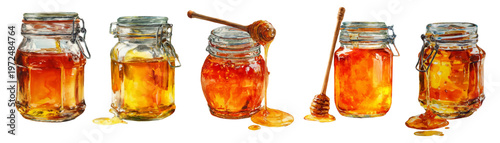 Watercolor honey jar set with golden liquid dripping from wooden spoon, sweet farm syrup collection, bees and beehive illustrations isolated on white background