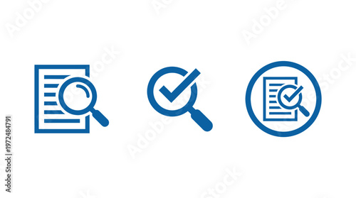 Magnifying Glass Icons with Checkmarks: Search, Verify, Audit, Research, Inspection