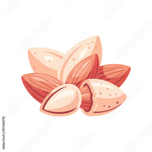 A colorful cartoon illustration of peeled and unpeeled almond nuts.