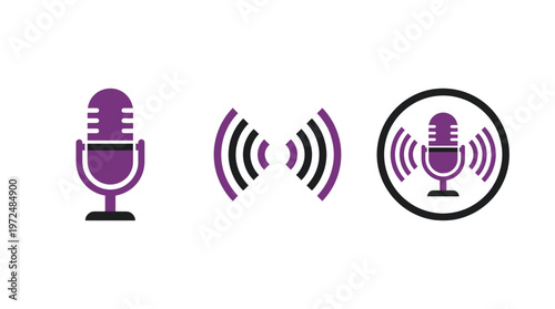 Podcast Microphone Icons: Stand, Signal, Broadcast - Purple and Black