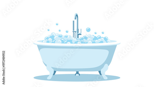 Inviting cartoon illustration of a pristine light blue bathtub overflowing with luxurious bubbles, being filled by a shiny faucet.