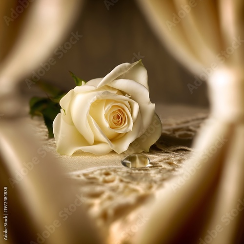 Cream Wedding Rose with Diamond Ring on Lace, Elegant Bridal Still Life