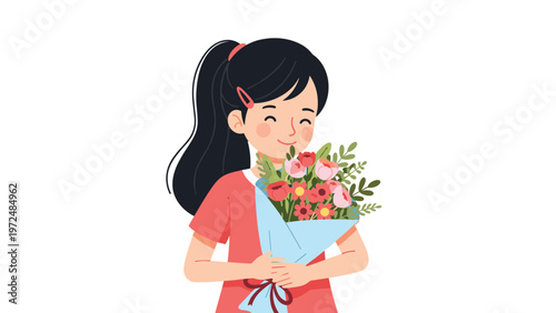 Charming cartoon illustration of a smiling girl with dark hair joyfully holding and smelling a beautiful bouquet of colorful flowers, on a white background.