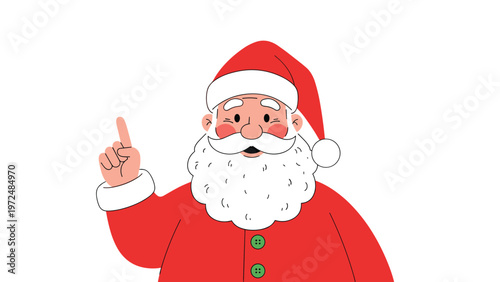 Jolly cartoon illustration of Santa Claus with a big white beard and red suit, cheerfully pointing upwards.