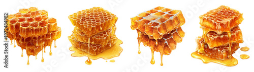 Golden syrup drips from hexagonal cells in this charming watercolor collection of apiary elements, bees, and delicious natural sweetener illustrations