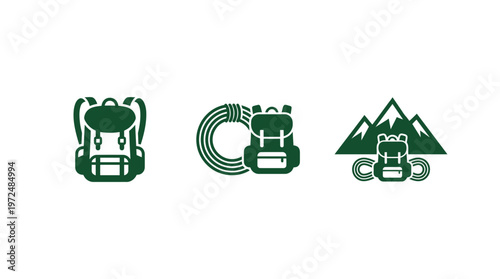 Hiking and Climbing Icons: Backpack, Rope, Mountains, and Gear Set