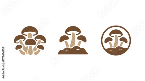 Mushroom Icons: Cluster, Ground Grow, and Circle Emblem