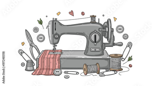 Detailed colorful illustration of a classic vintage sewing machine surrounded by an array of essential sewing notions and tools.