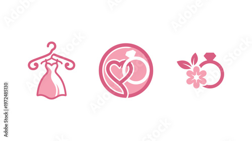Wedding Icons: Dress, Rings, Flower - Pink Vector Graphics