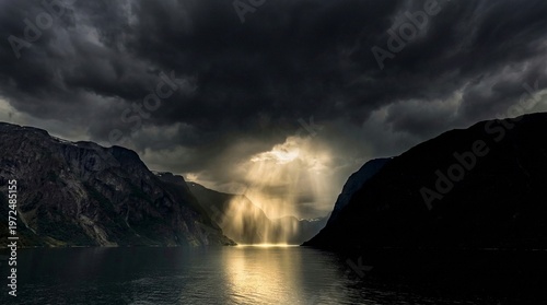 Photos Dramatic Sun Rays Breaking Through Storm Clouds Over Mountain Lake