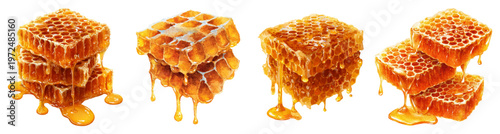 Sweet honey collection showcasing watercolor honeycomb patterns, busy bees, and golden drips. Charming farm hive illustration with flowing syrup and vibrant yellow accents.