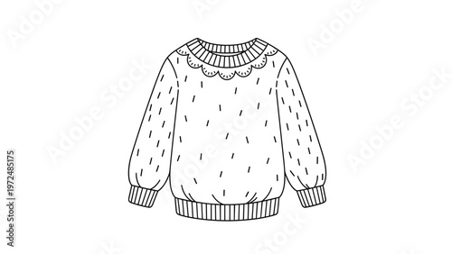 Cozy black and white line art illustration of a comfortable knitted sweater with a charming ruffled collar and subtle speckles.