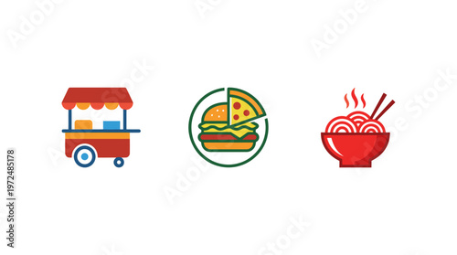 Street Food Icons: Cart, Burger Pizza Combo, and Noodle Bowl