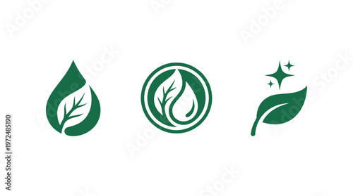 Eco-friendly Green Leaf Icons: Water Drop, Circle, Sparkle Symbols