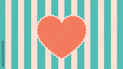 Charming background design featuring vertical teal and beige stripes, perfectly centered with a romantic scalloped pink heart.