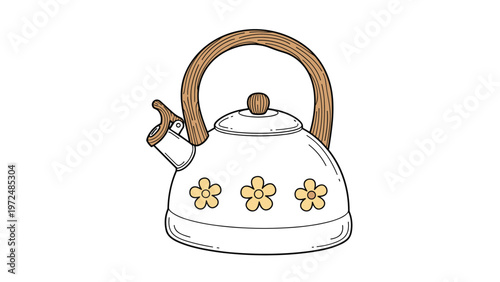 Adorable cartoon illustration of a charming white enamel teapot adorned with a lovely yellow flower pattern and a rustic wooden handle.