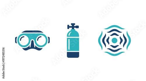 Scuba Diving Gear Icons: Mask, Tank, and Air Bubble - Clean Vector Illustration
