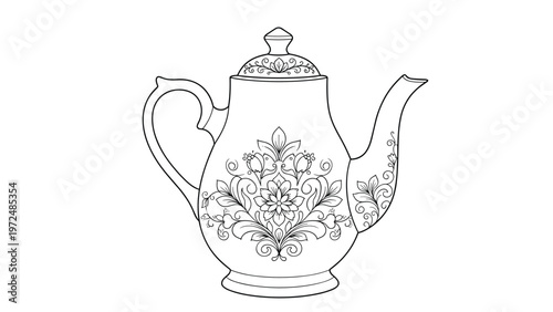 Exquisitely detailed black and white line art illustration of an ornate teapot, adorned with intricate floral and scroll patterns.