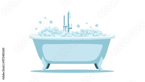 Inviting cartoon illustration of a pristine light blue bathtub overflowing with luxurious bubbles, being filled by a shiny faucet.