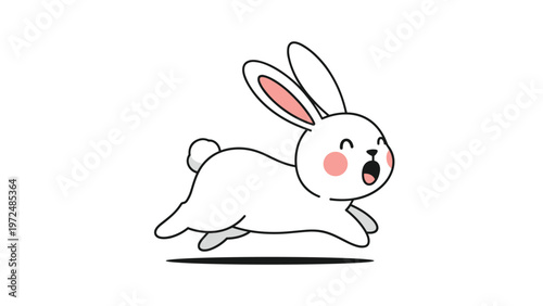 Adorable cartoon illustration of a happy white bunny rabbit energetically running and jumping, with rosy pink cheeks.