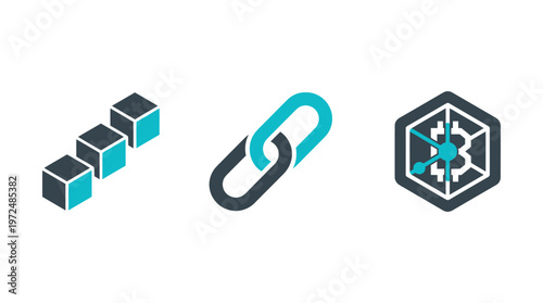 Blockchain Technology Icons: Blocks, Link, Bitcoin Symbol