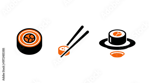 Sushi Icons: Roll, Chopsticks, and Plate with Sauce - Minimalist Design