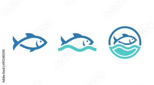 Set of stylized fish icons with waves and circle frame, blue and teal colors.