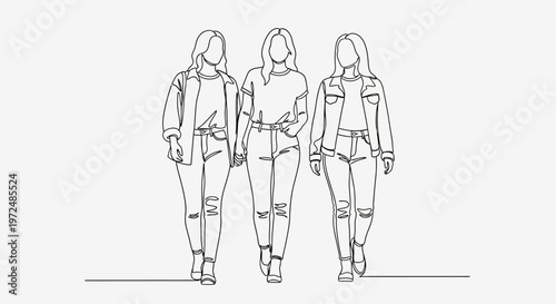 Three young women walking together in casual clothing.