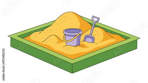 Cheerful cartoon illustration of a vibrant sandbox filled with golden sand, a purple bucket, and a playful shovel.