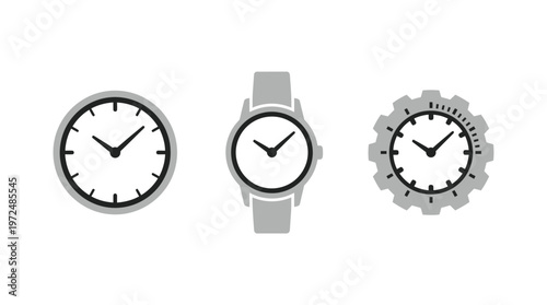 Clock Icons Set: Time, Watch, Gear - Simple Flat Design